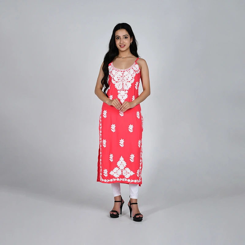 Female model wearing red and white printed kurti for ecommerce product photography by Lohar Studio Delhi
